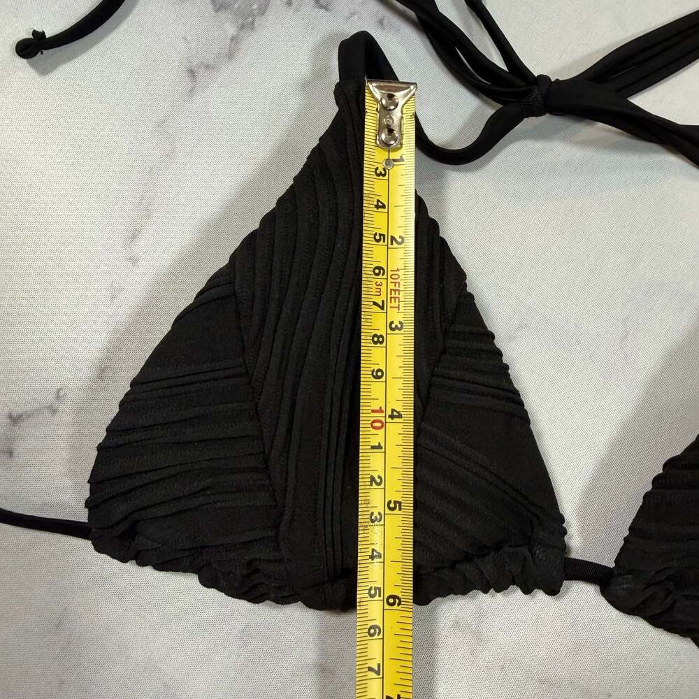 Black Ribbed Triangle String Bikini Two-Piece Cheeky Set Small - Picture 9 of 9